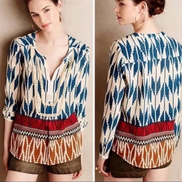 MAEVE Red Blue semi sheer ROHANA printed pompom blouse size 6 - Picture 1 of 13